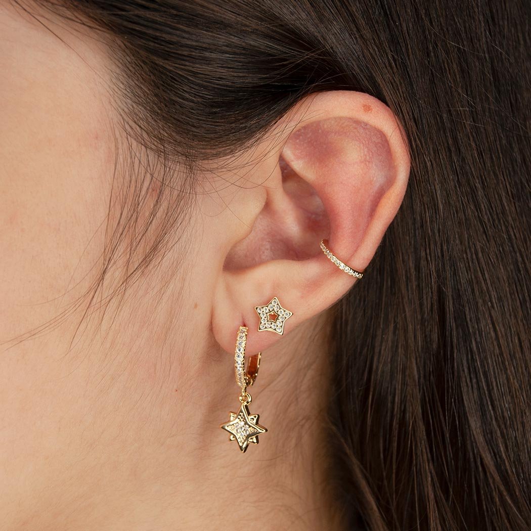 Brinco Argola Clips com Estrela Cravejada com Zircônias Cristal banhada a Ouro 18k