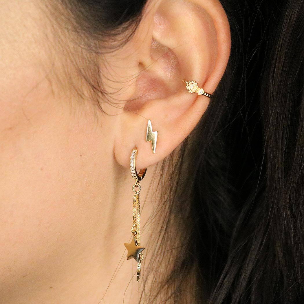 Brinco Argola Clips com Estrela Dupla Pendurada banhada a Ouro 18k