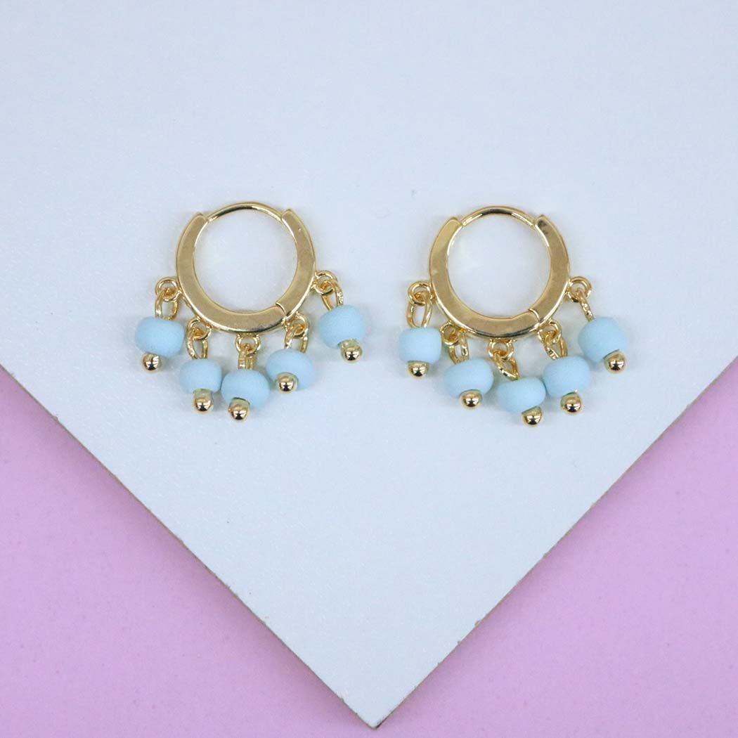 Brinco Argola Clips com Miçangas Azul banhado a Ouro 18k