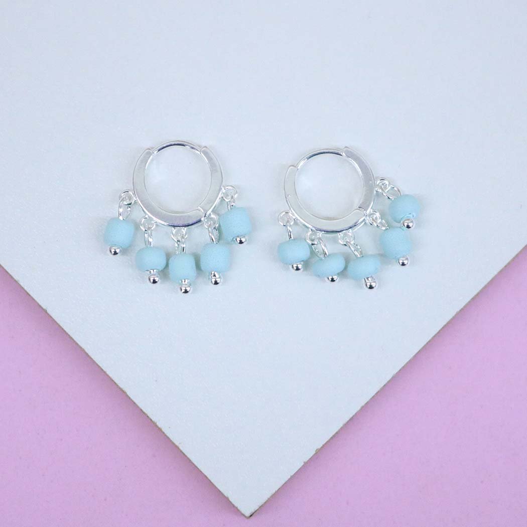Brinco Argola Clips com Miçangas Azul banhado a Prata 70