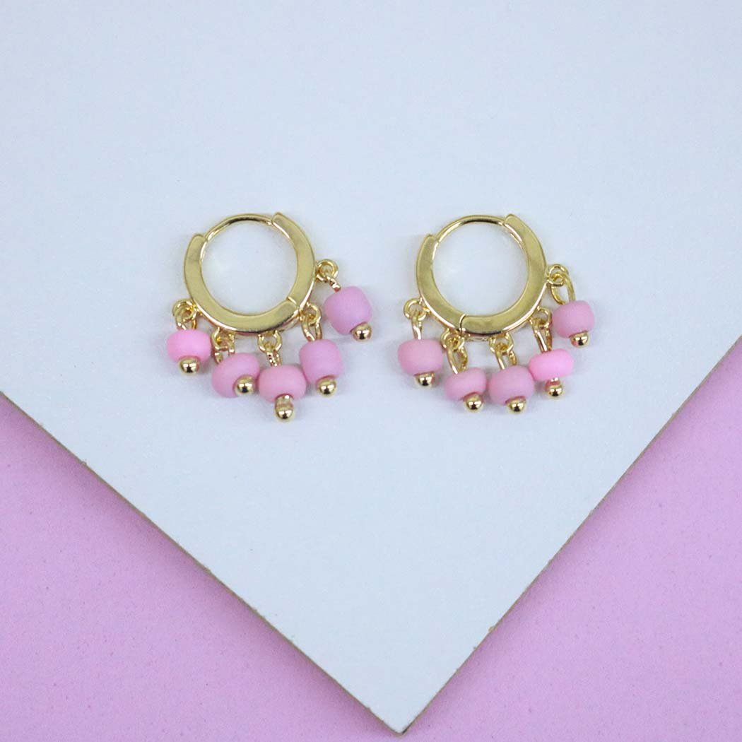 Brinco Argola Clips com Miçangas Rosa banhado a Ouro 18k