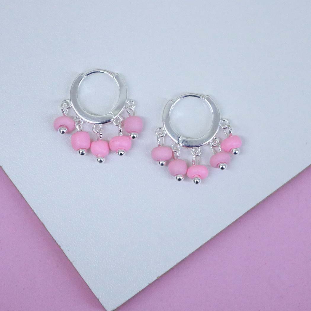 Brinco Argola Clips com Miçangas Rosa banhado a Prata 70