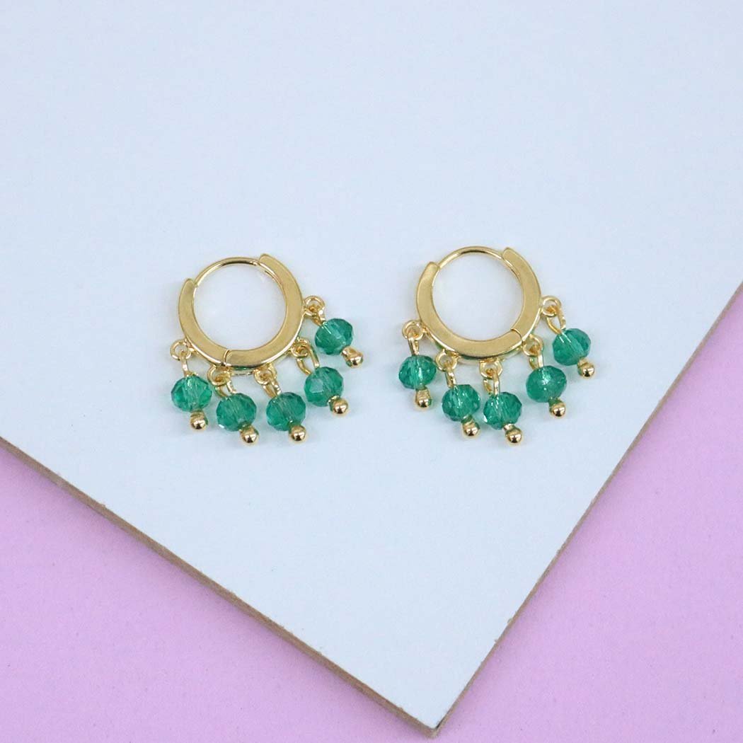 Brinco Argola Clips com Miçangas Verde banhado a Ouro 18k