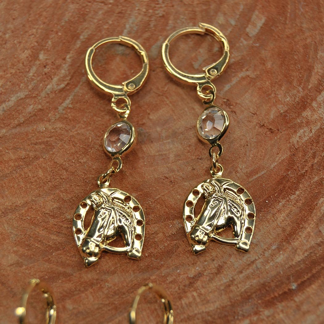 Brinco Argola Clips com Tiffany e Cavalo Ferradura banhado a Ouro 18k