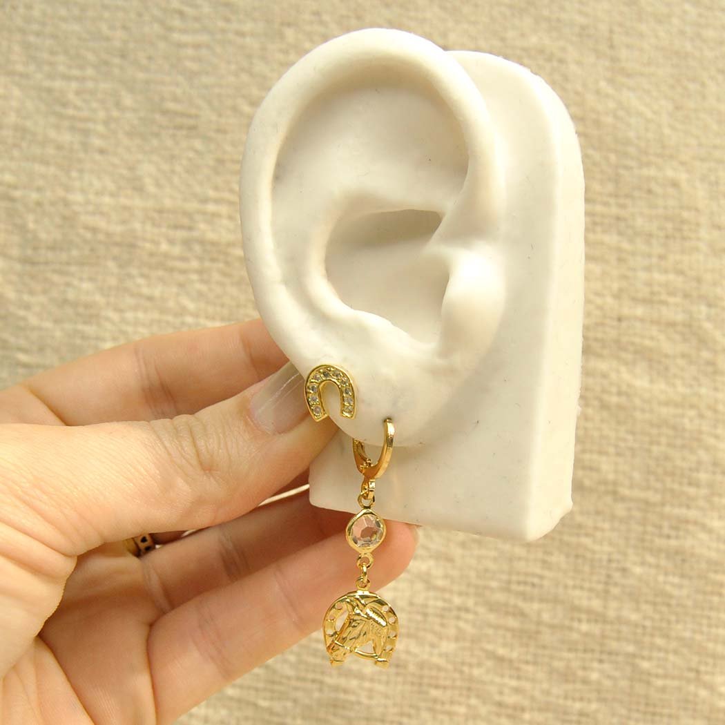 Brinco Argola Clips com Tiffany e Cavalo Ferradura banhado a Ouro 18k