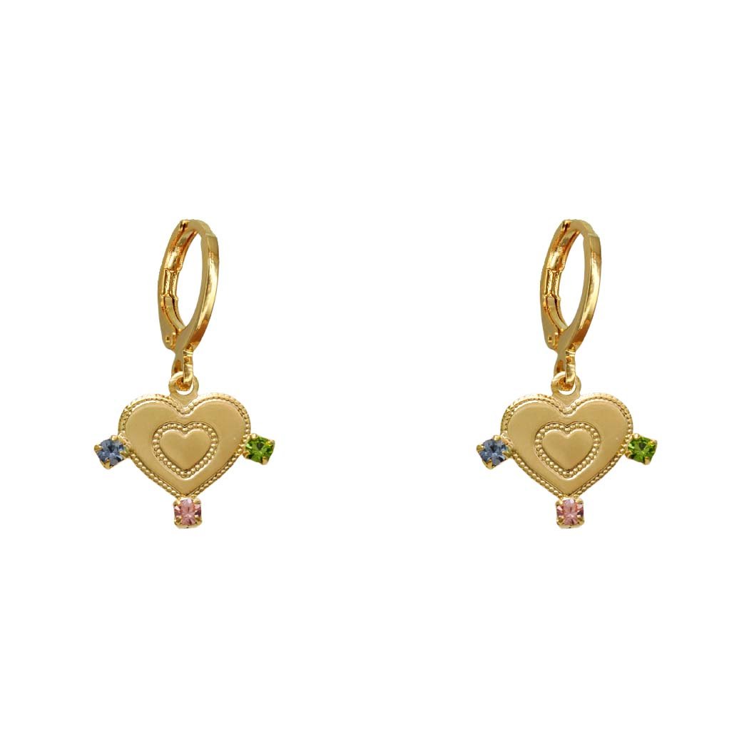 Brinco Argola Clips Coração Zircônias Coloridas banhado a Ouro 18k