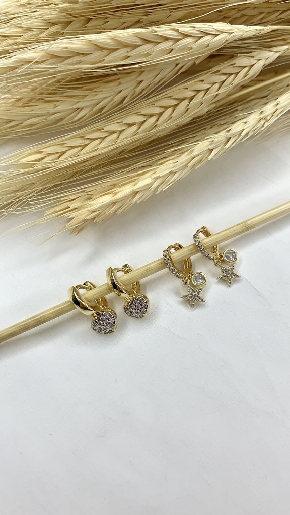 Brinco Argola Clips Cravejada com Estrela e Ponto de Luz de Zircônia banhado a Ouro 18k