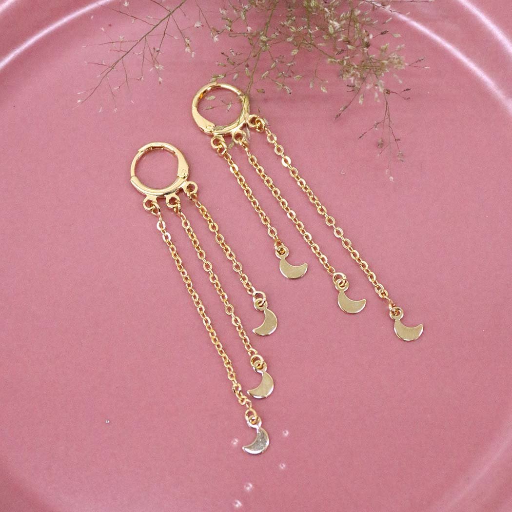 Brinco Clips Fios Lua banhado a Ouro 18k
