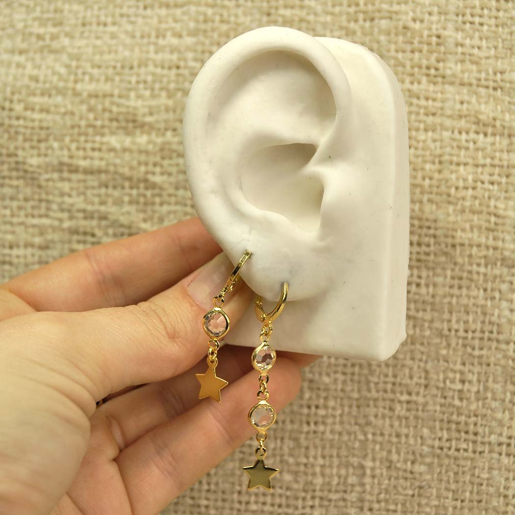 Brinco com Tiffany e Estrela banhado a Ouro 18k