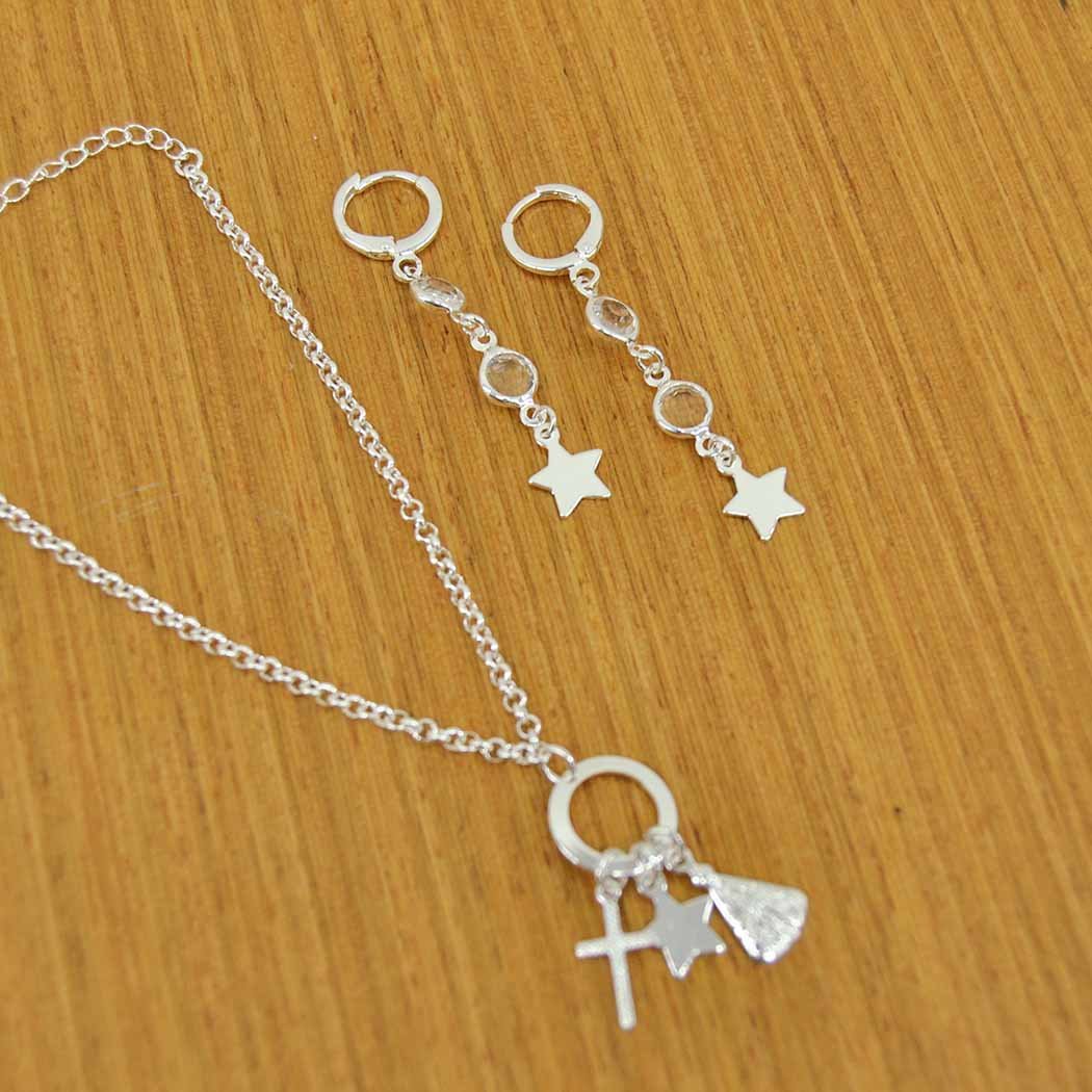 Brinco com Tiffanys e Estrela banhado a Prata 70