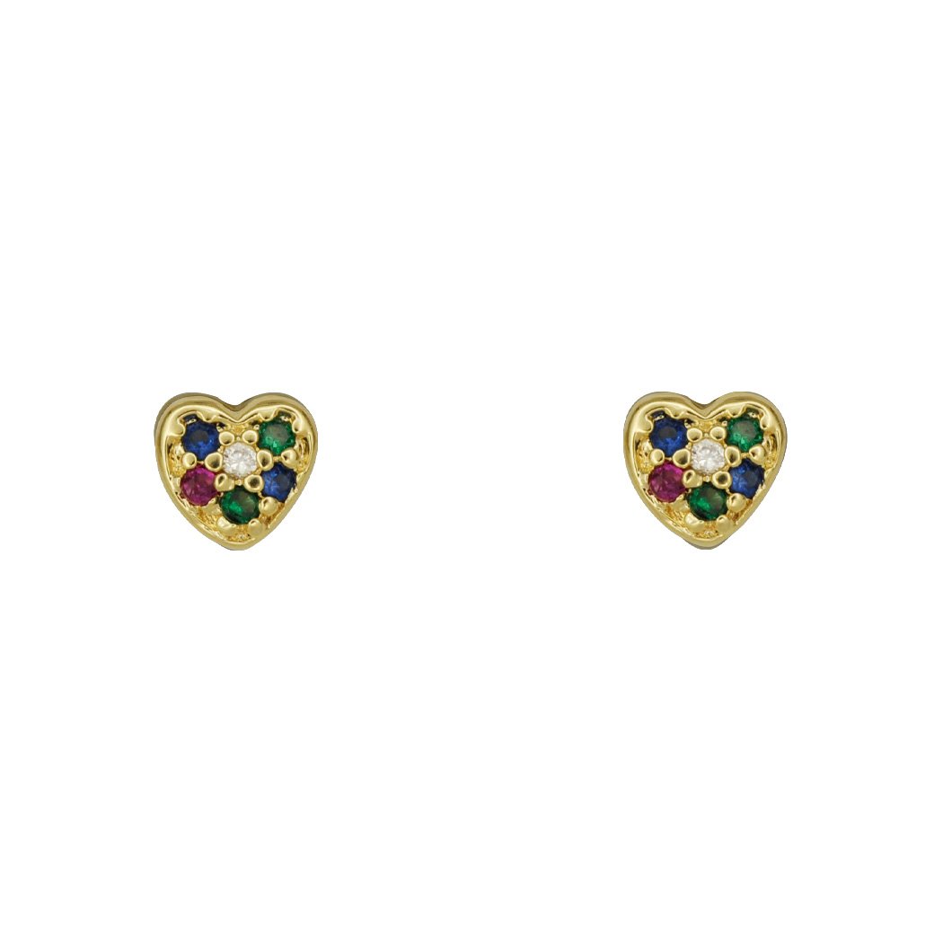 Brinco Coração Pequeno Zircônias Coloridas banhado a Ouro 18k