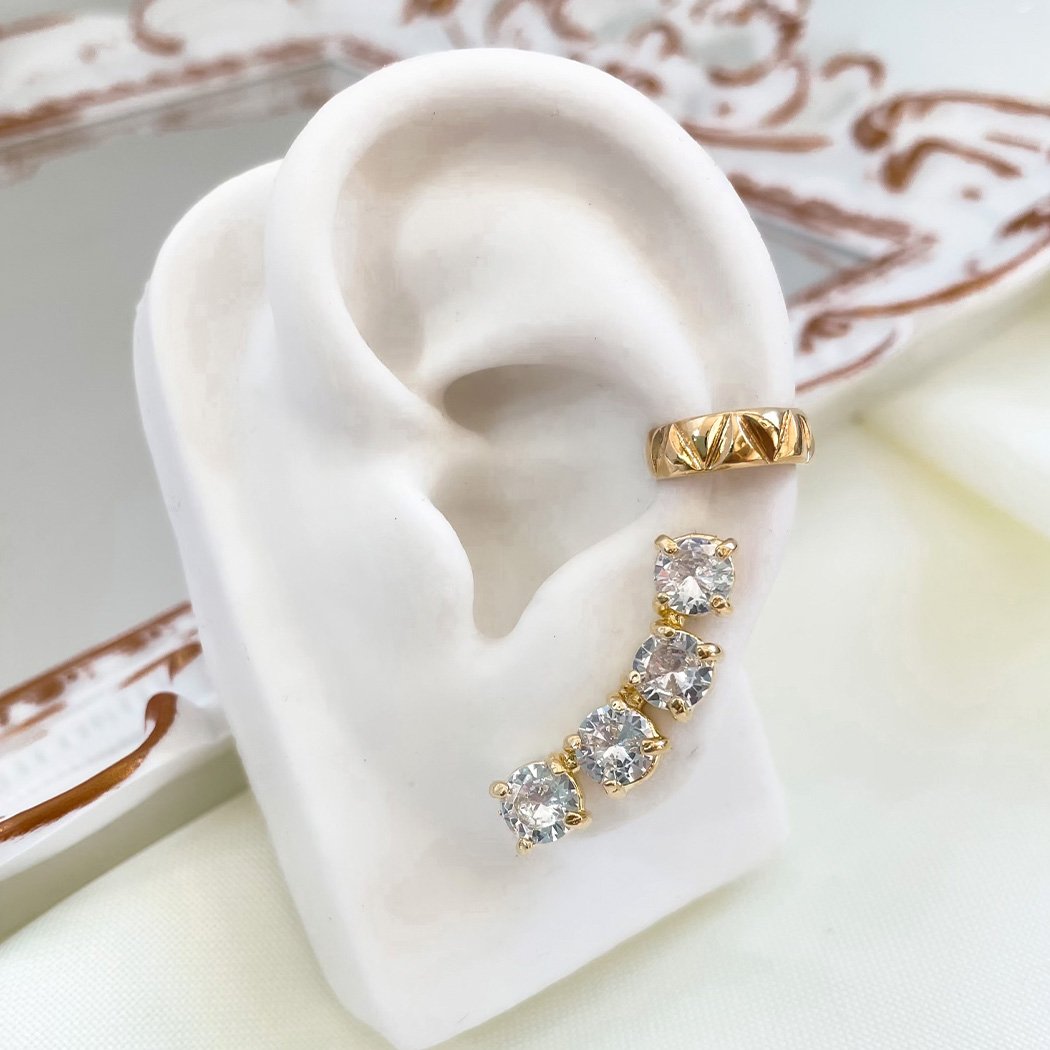 Brinco Ear Cuff 4 Zircônias banhado a Ouro 18k