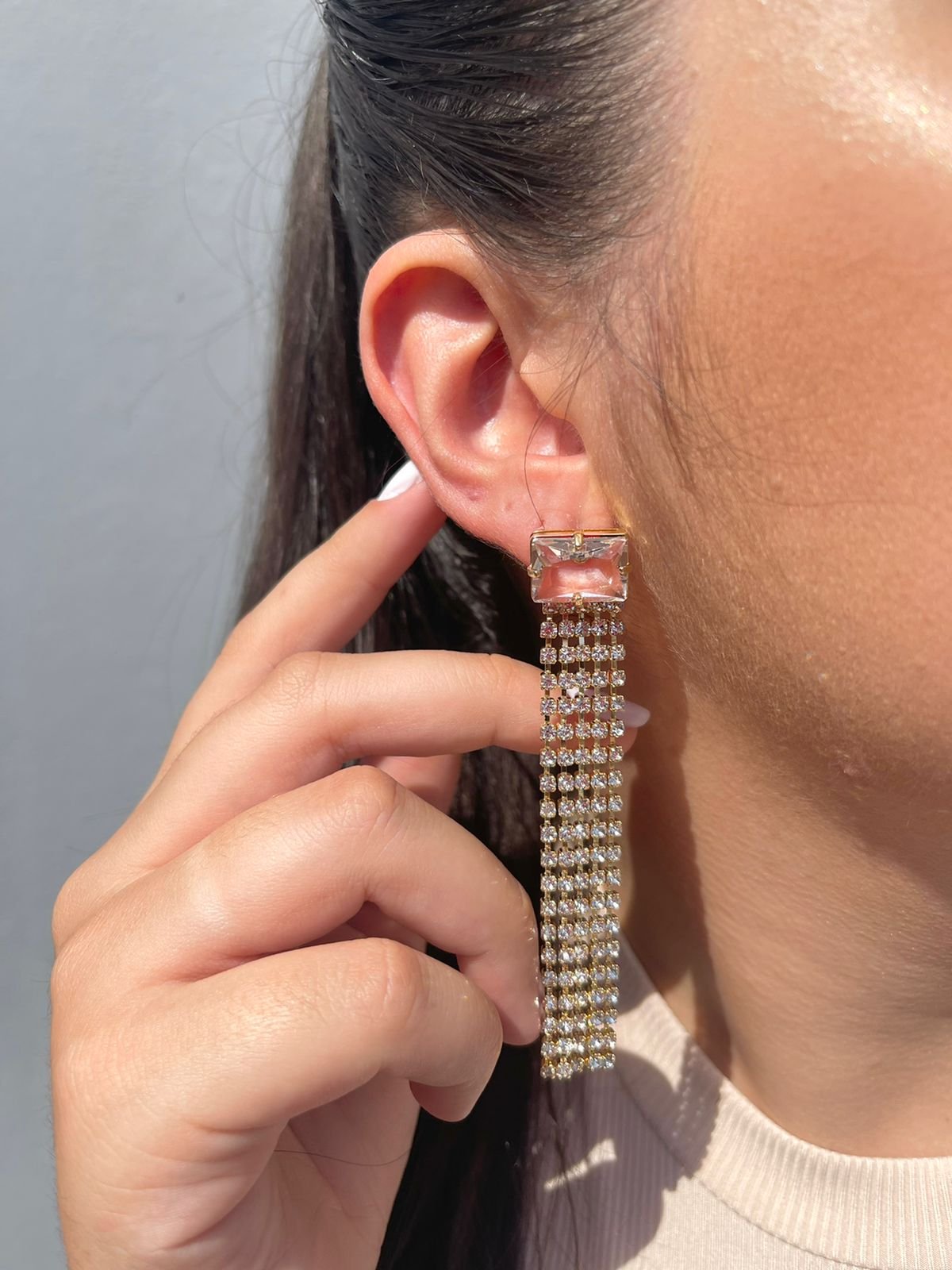 Brinco Franja Zircônia Cristal banhado a Ouro 18k