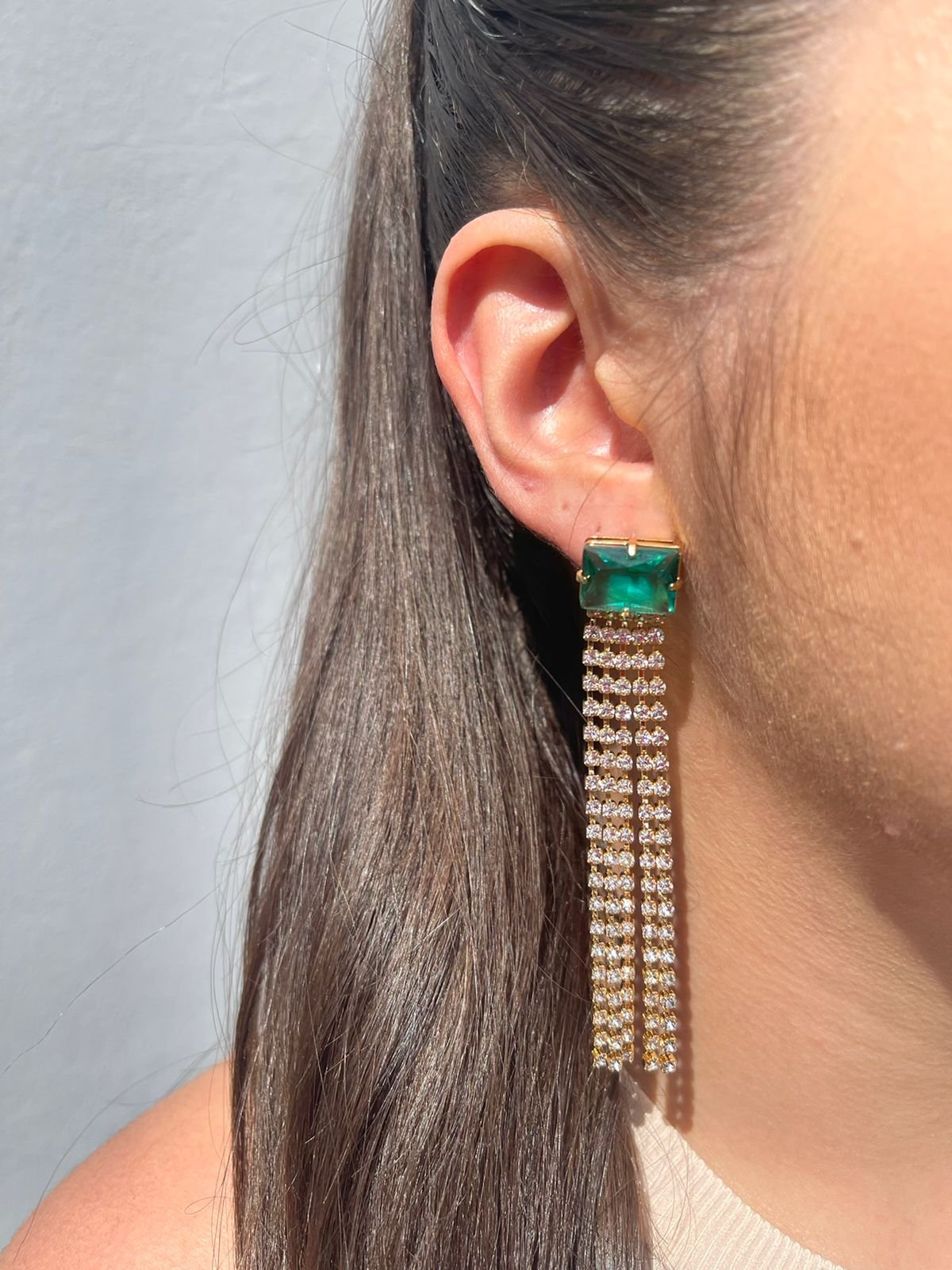 Brinco Franja Zircônia Verde banhado a Ouro 18k