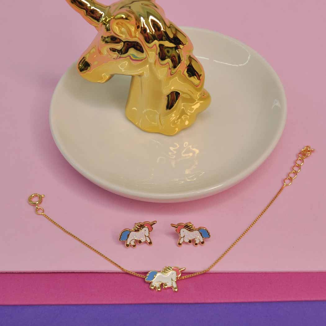 Brinco Infantil Unicórnio Glitter banhado a Ouro 18k