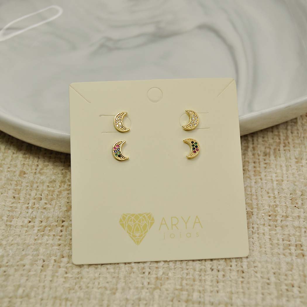 Brinco Lua Pequena Zircônias Cristal Banhado a Ouro 18k