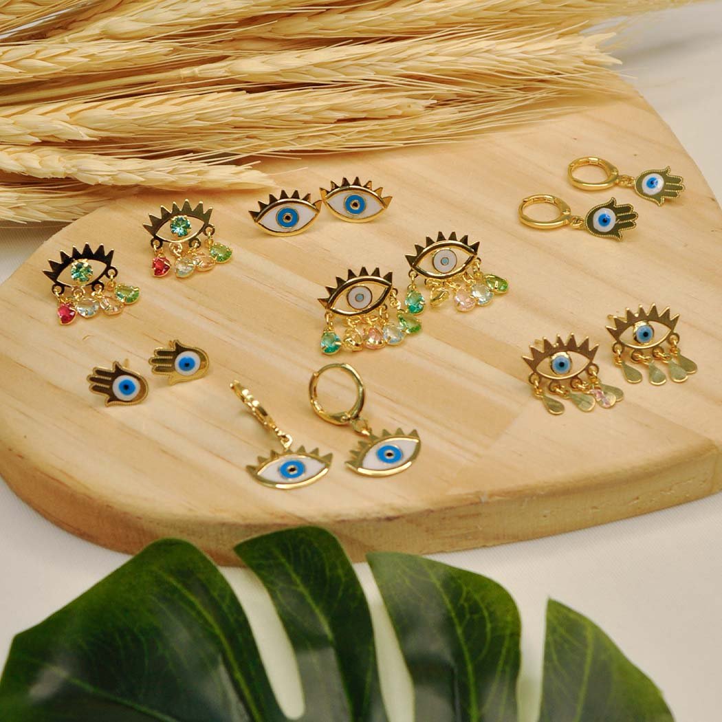 Brinco Olho Grego com Zircônias coloridas banhado a Ouro 18k