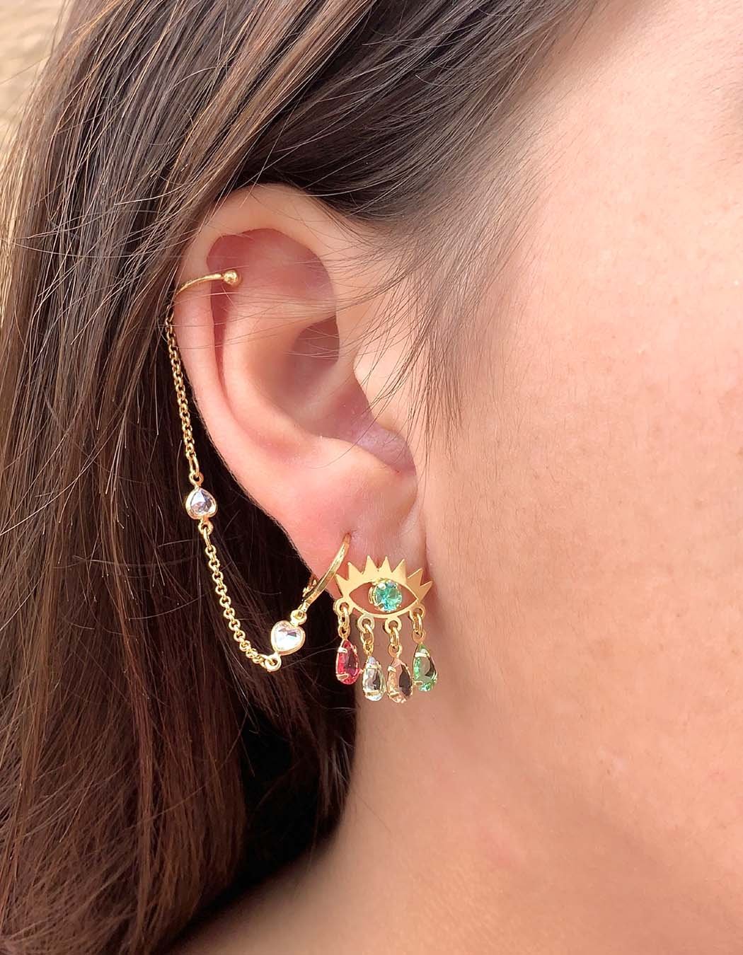 Brinco Olho Grego com Zircônias Gotas Color banhado a Ouro 18k