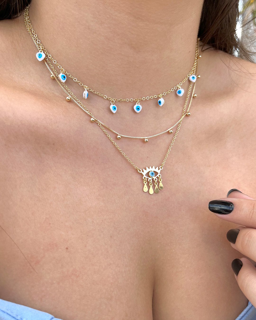 Choker com pingentes de Olho Grego banhado a Ouro 18k