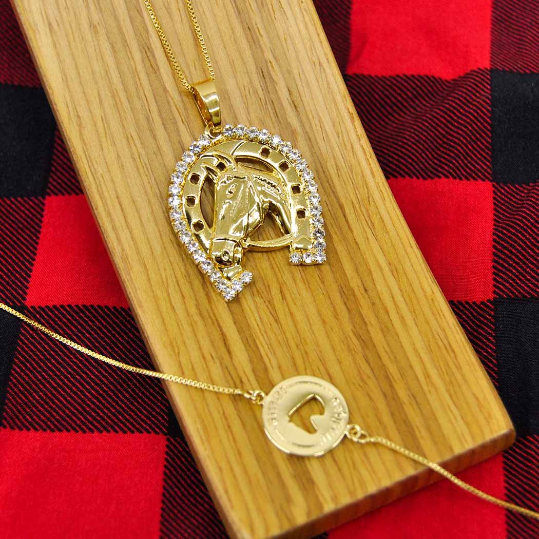 Colar Cavalo Ferradura grande cravejado Zircônias banhado a Ouro 18k