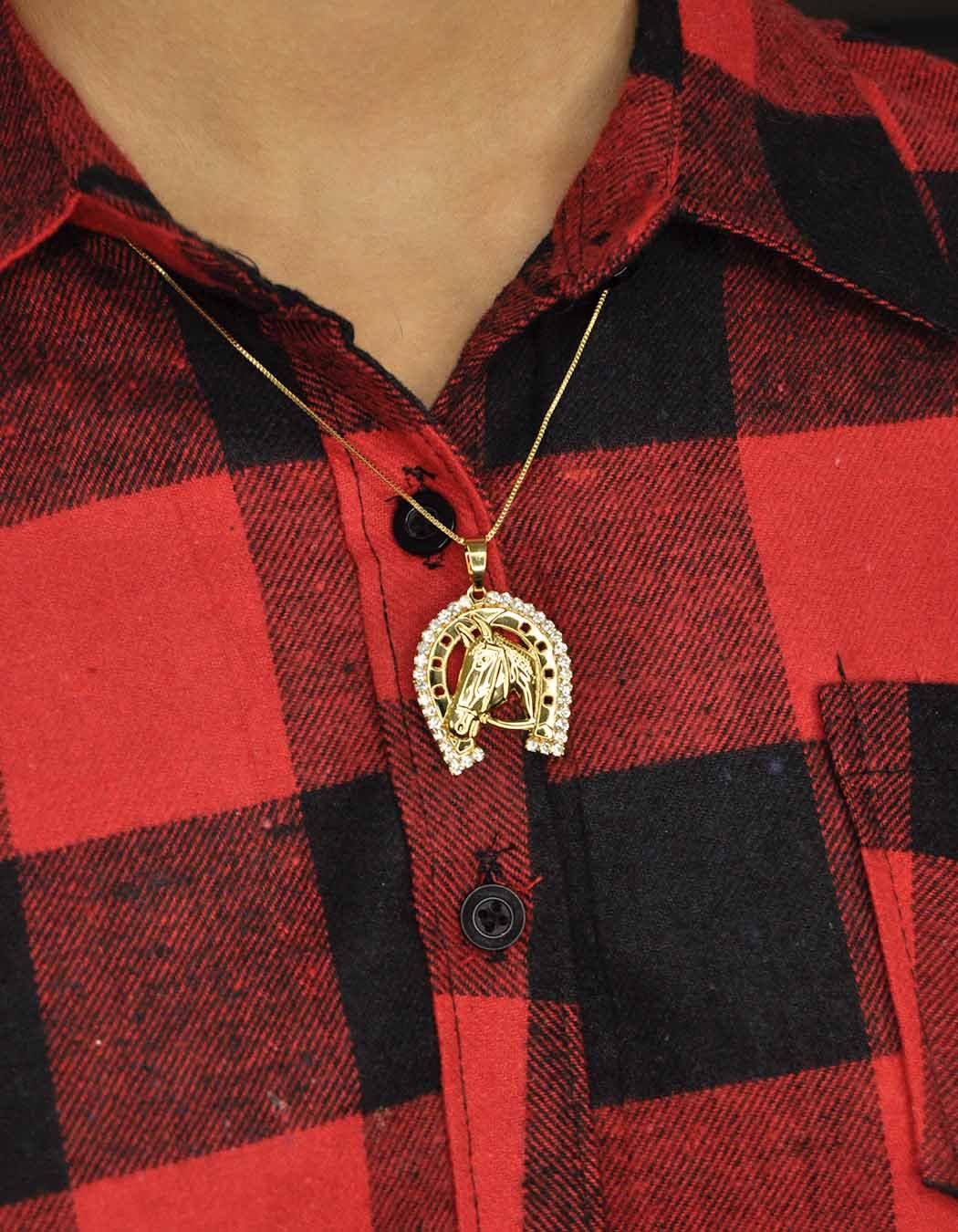Colar Cavalo Ferradura grande cravejado Zircônias banhado a Ouro 18k