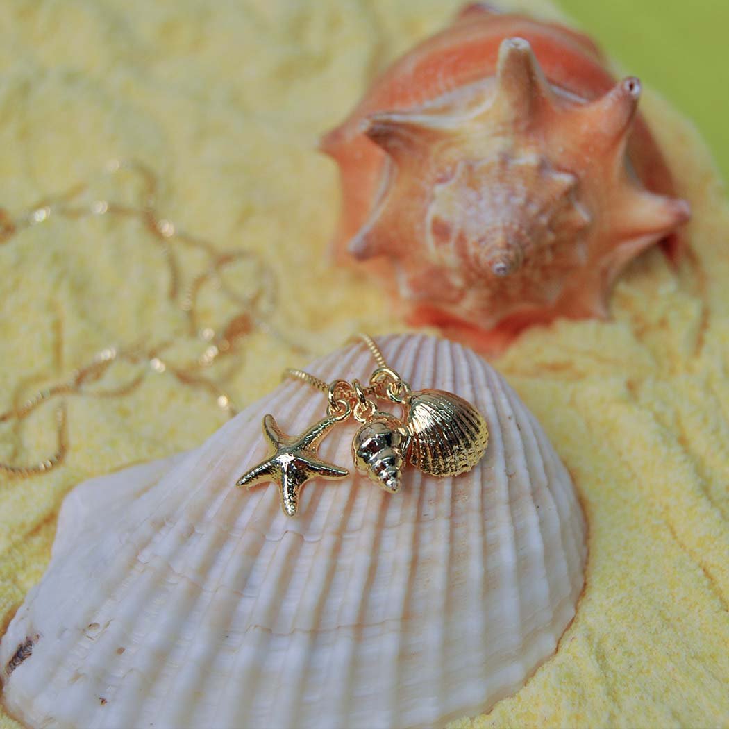 Colar com Conchas e Estrela do Mar banhado a Ouro 18k