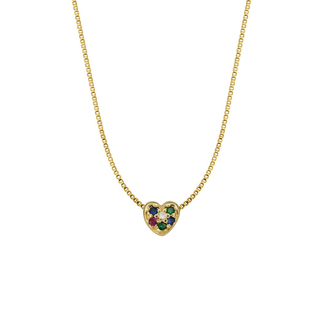 Colar Coração Pequeno Zircônias Coloridas banhado a Ouro 18k