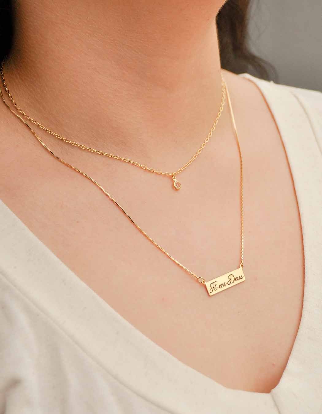 Colar Duplo Zircônia Fé em Deus banhado a Ouro 18k
