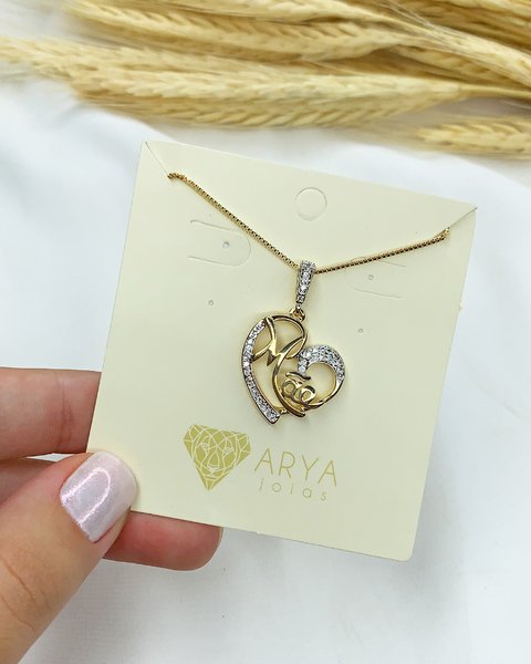 Colar Mãe e Coração Cravejado banhado a Ouro 18k