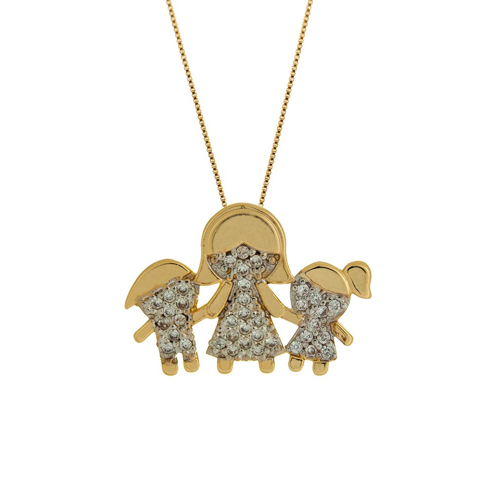 Colar Mãe e Filhos cravejado com Zircônias banhado a Ouro 18k