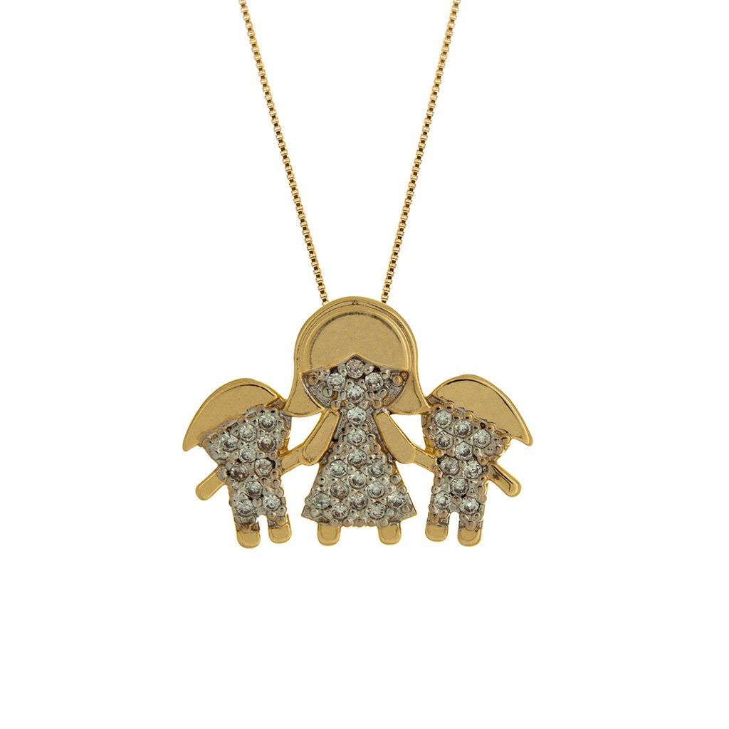 Colar Mãe e Filhos cravejado com Zircônias banhado a Ouro 18k