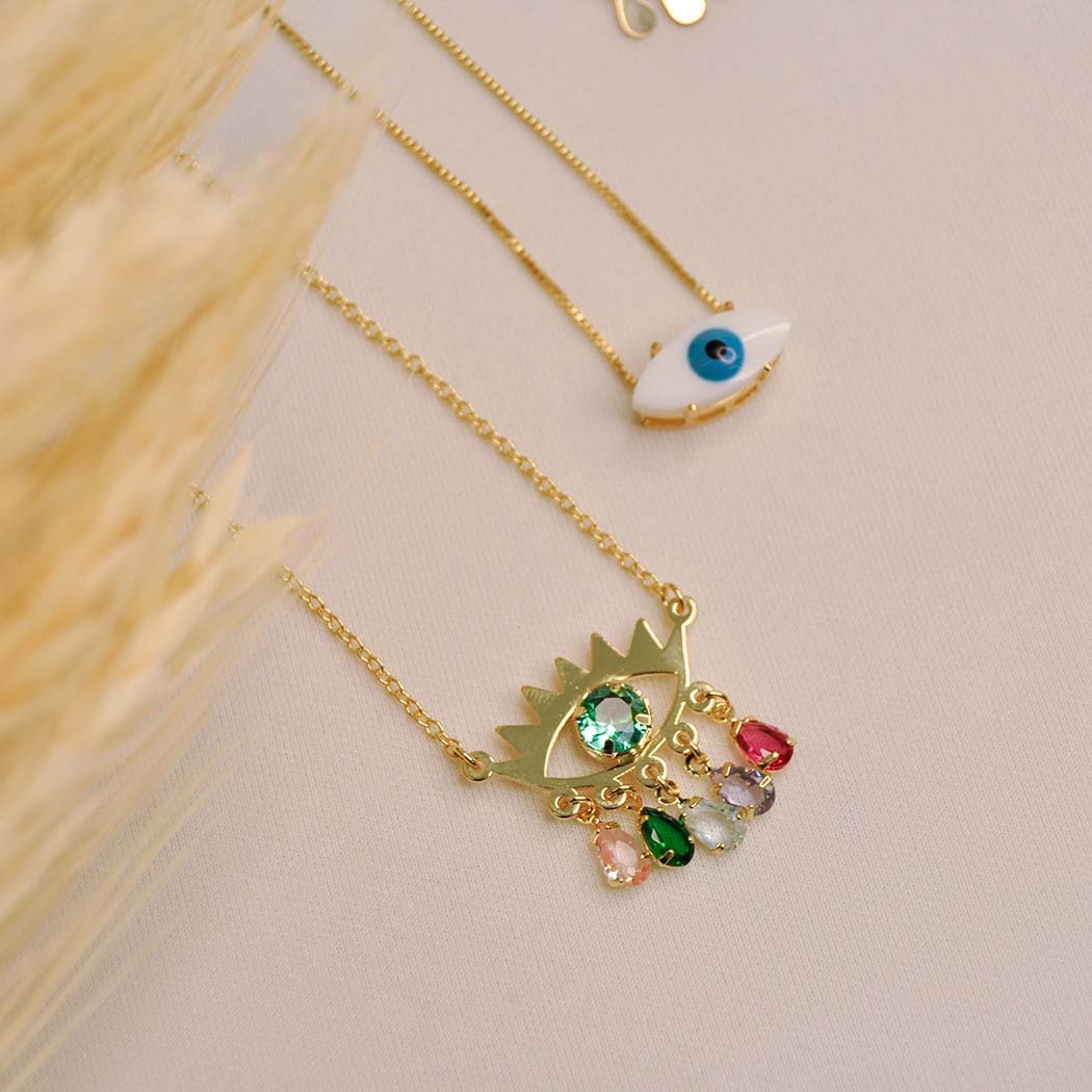 Colar Olho Grego com Zircônias gota banhado a Ouro 18k