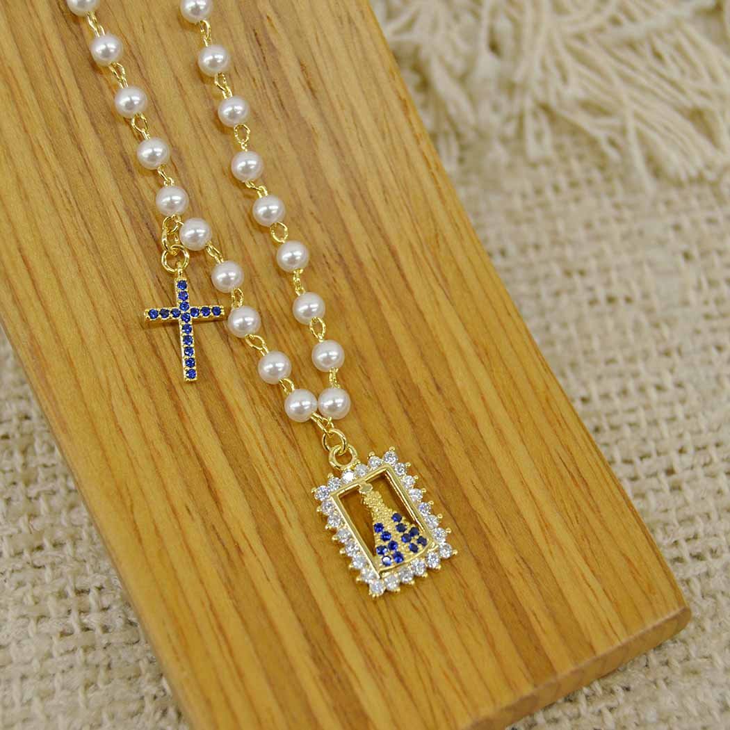 Colar Pérolas Nossa Senhora Aparecida com Zircônias banhado a Ouro 18k