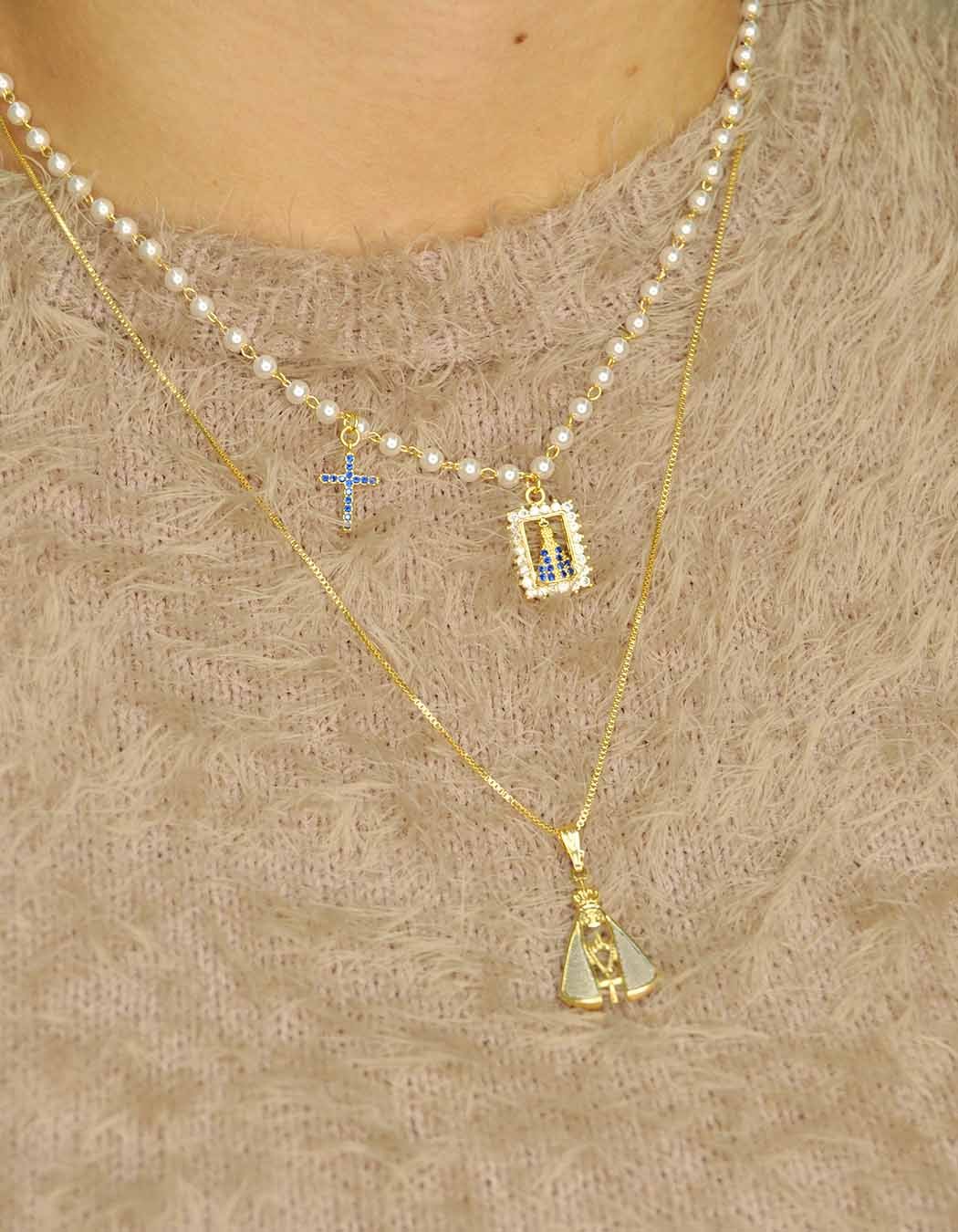 Colar Pérolas Nossa Senhora Aparecida com Zircônias banhado a Ouro 18k