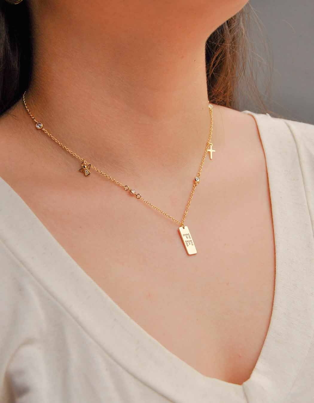 Colar placa FÉ com Zircônias banhado a Ouro 18k