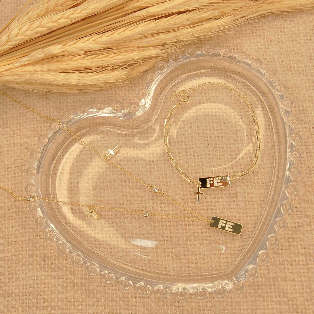 Colar placa FÉ com Zircônias banhado a Ouro 18k