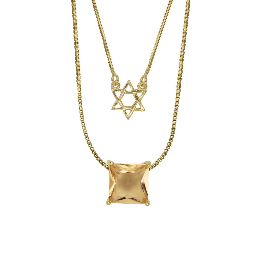 Colar Zircônia Quadrada com Estrela de Davi banhado a Ouro 18K (opções)