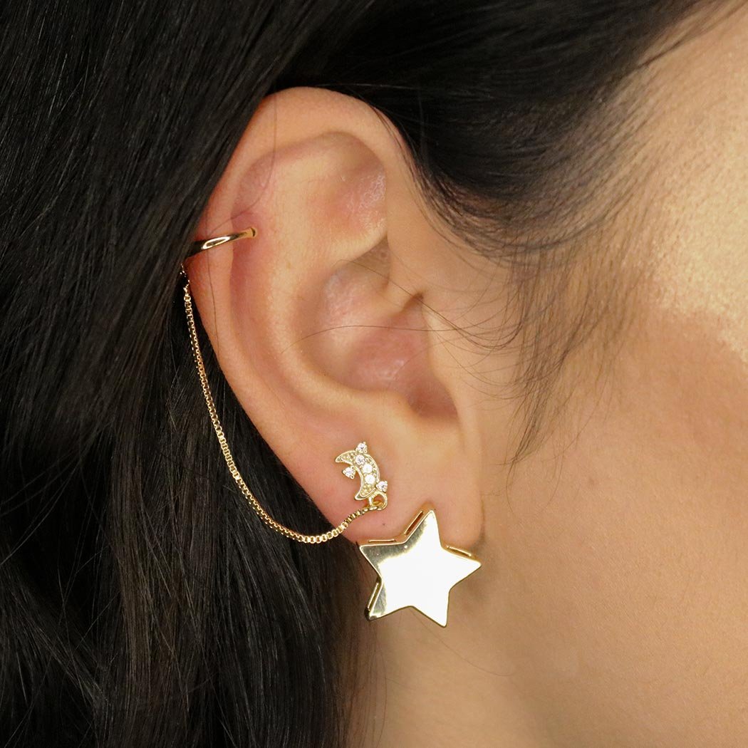 Piercing Fake Corrente Veneziana com Lua Cravejada Banhada a Ouro 18k