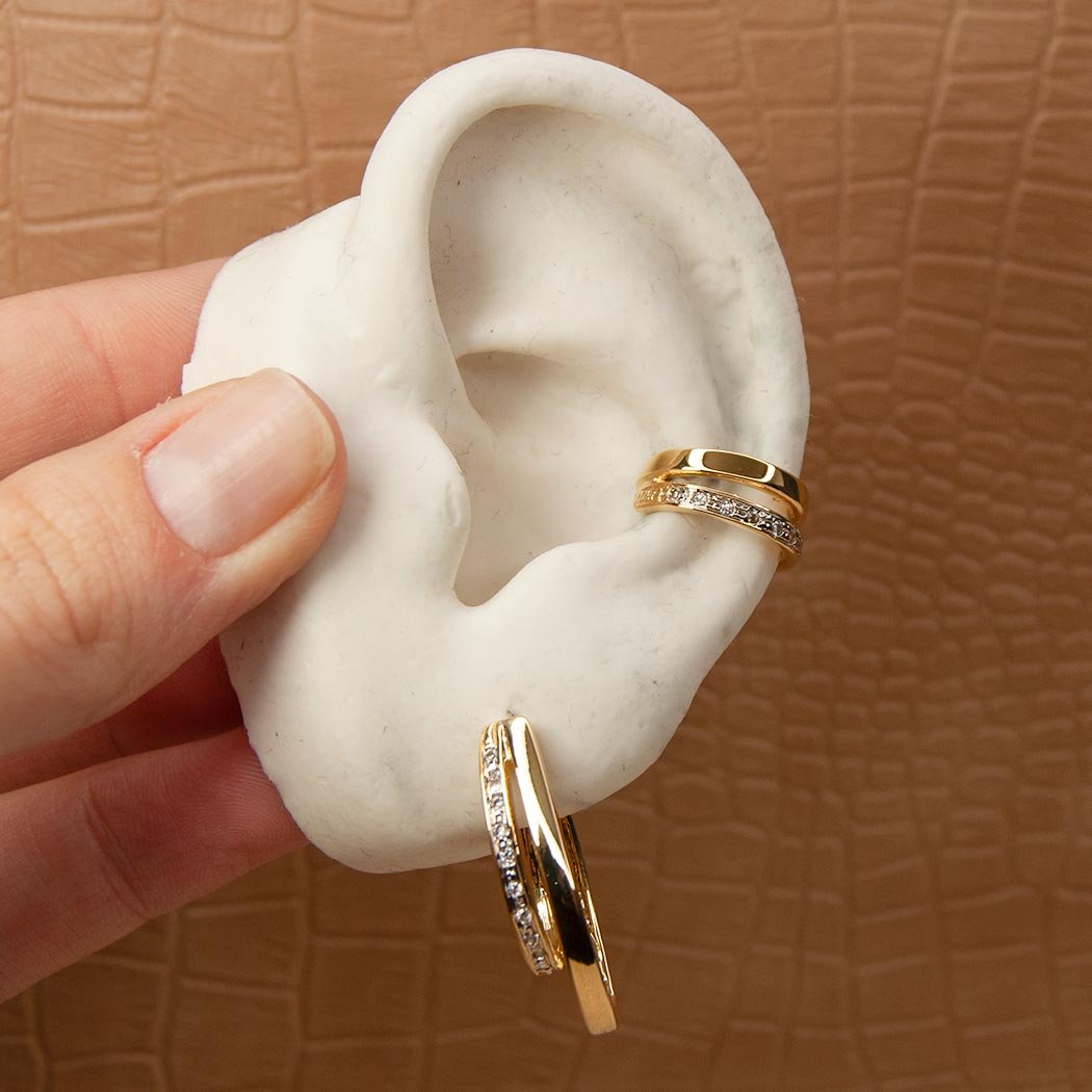 Piercing Fake Duplo Cravejado com Zircônia banhado a Ouro 18k