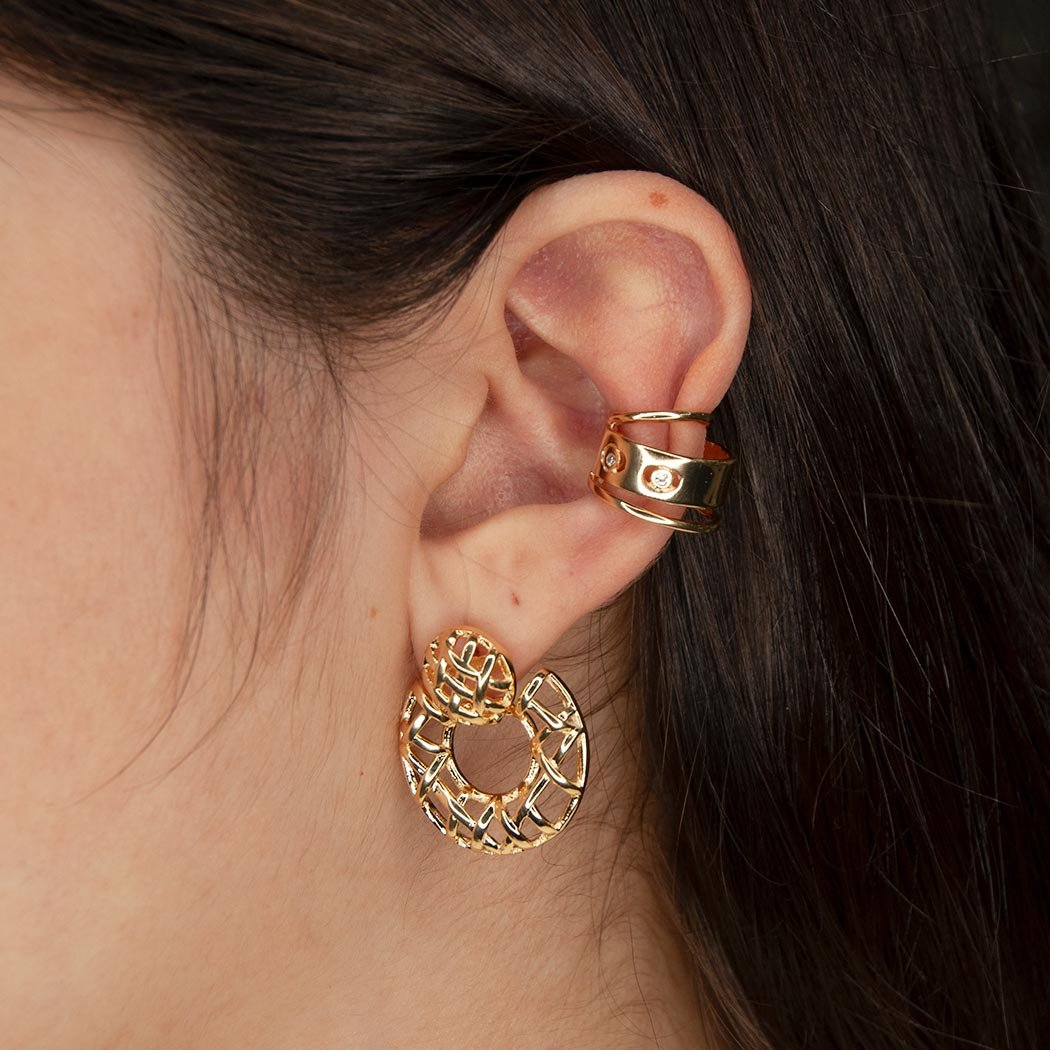Piercing Fake Triplo com 2 Zircônias banhada a Ouro 18k