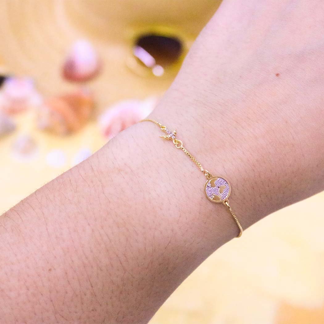Pulseira Avião e Planeta banhado a Ouro 18k