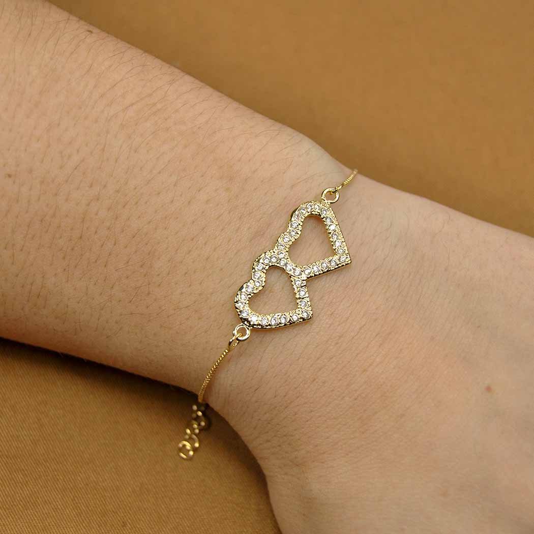 Pulseira Coração Duplo cravejado com Zircônias banhado a Ouro 18k