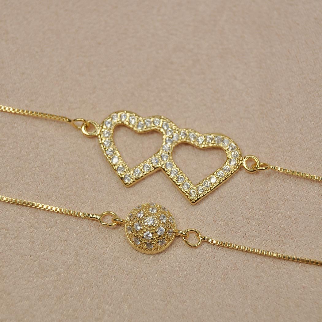 Pulseira Coração Duplo cravejado com Zircônias banhado a Ouro 18k