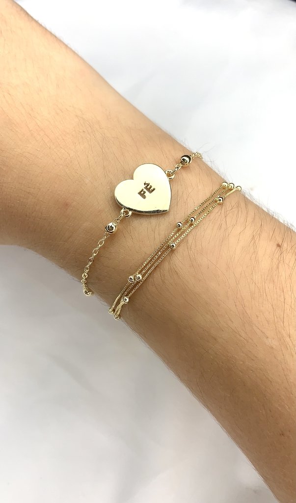 Pulseira Fio Bolinha Coração Fé banhado a Ouro 18k