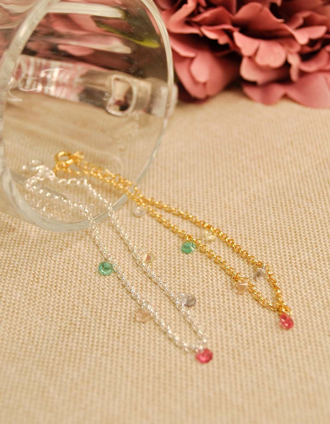 Pulseira Fio Português com Zircônias redondas coloridas banhado a Prata 70