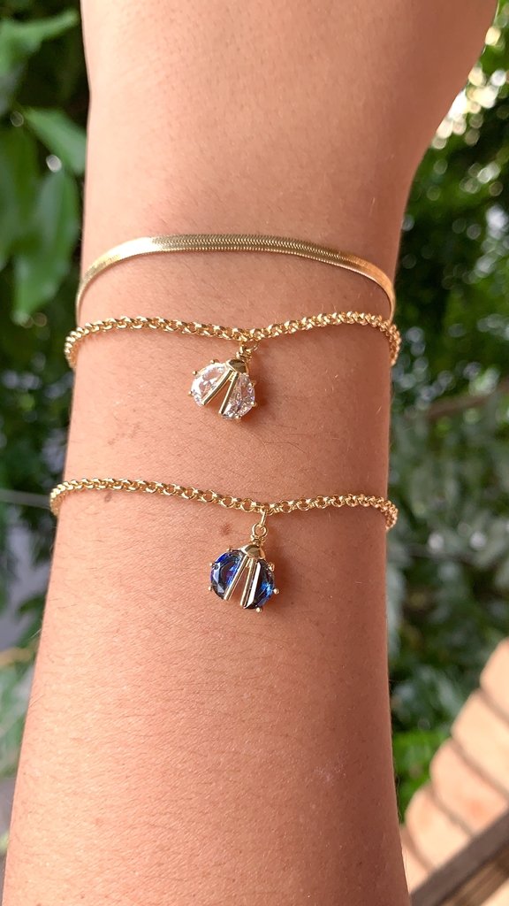 Pulseira Fio Português Joaninha Branca banhada a Ouro 18k