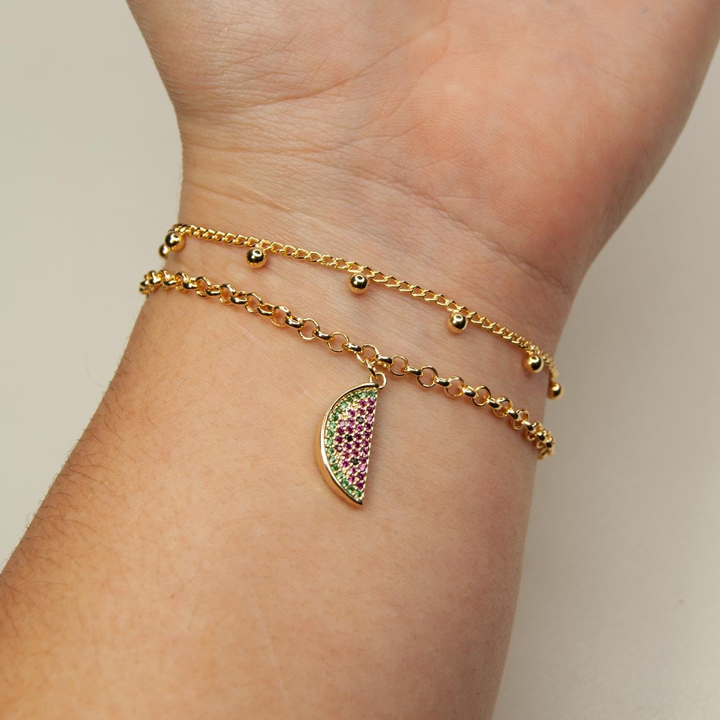 Pulseira Fio Português Melancia Cravejada banhada a Ouro 18k