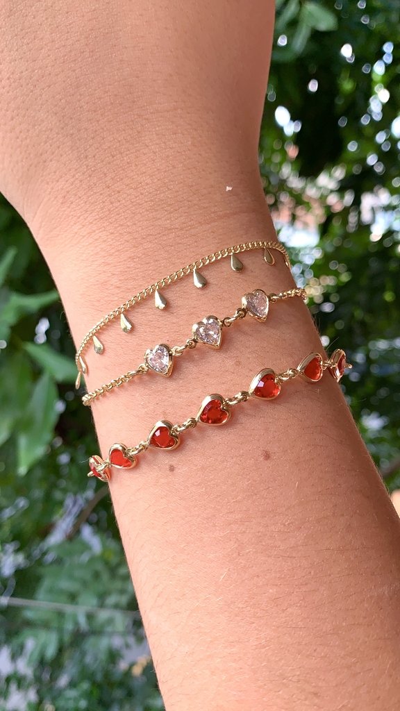 Pulseira Inteira de Zircônias Corações Vermelho banhado a Ouro 18k
