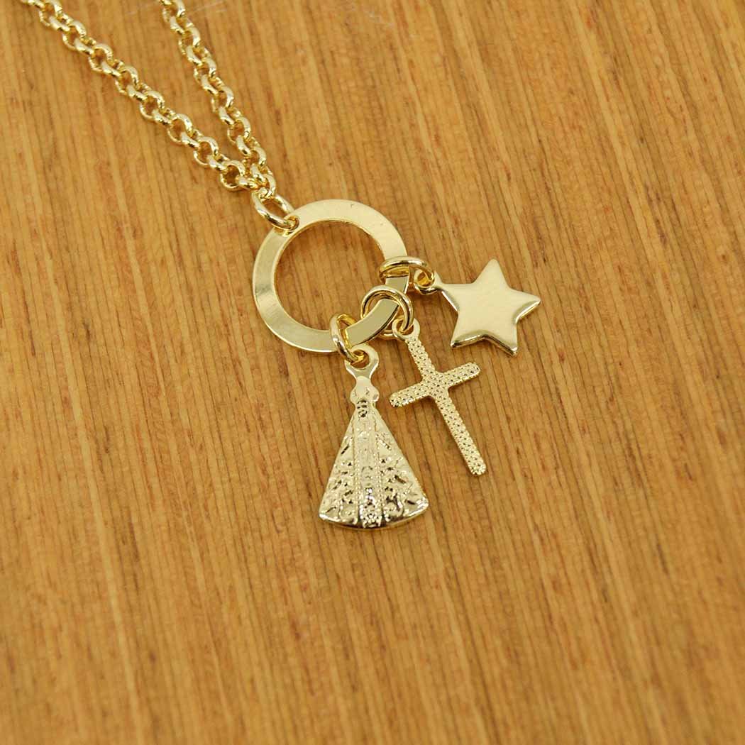 Pulseira Nossa Senhora Aparecida Cruz e Estrela banhada a Ouro 18k