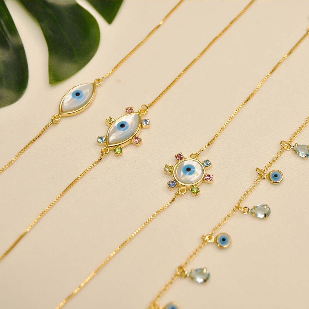 Pulseira Olho Grego Oval com Zircônias Coloridas banhado a Ouro 18k